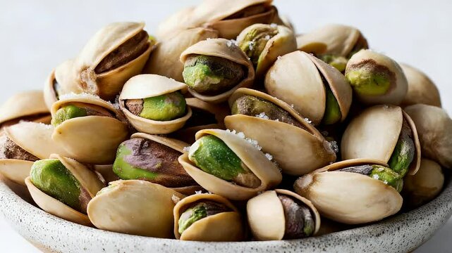 A pile of pistachios sit in a bowl, some open, showing the green nut inside. Some are partially open, inviting a tasty snack
