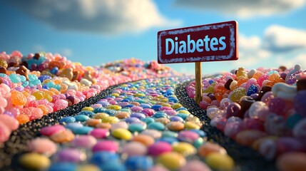 A whimsical landscape made of candy with a signpost indicating 'Diabetes', symbolizing health risks associated with sugary foods.