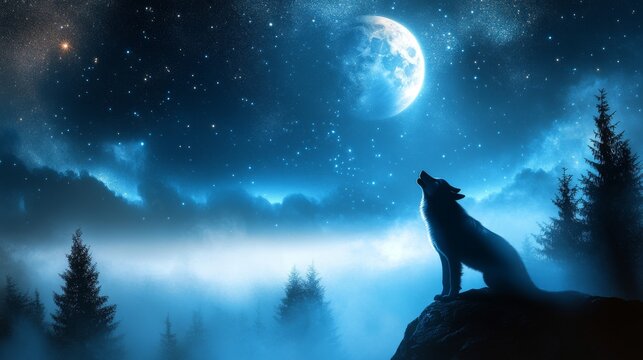 Wolf and Moonlit Forest Border for World Wildlife Day: Nocturnal Wildlife Design with Copy Space
