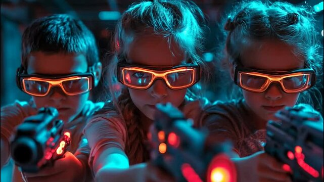 Three children are playing laser tag. They wear special glasses and hold laser pistols in their hands.