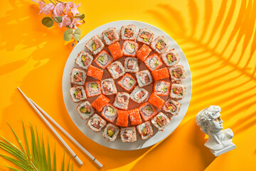  a chef in a restaurant prepares delicious Japanese sushi and rolls