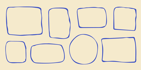 Wavy stamp frame set, vector hand drawn curved borders, abstract wiggle empty wavy curly monograms cadres. Minimalist squiggle scribble swirl design elements. Isolated. Vector illustration.