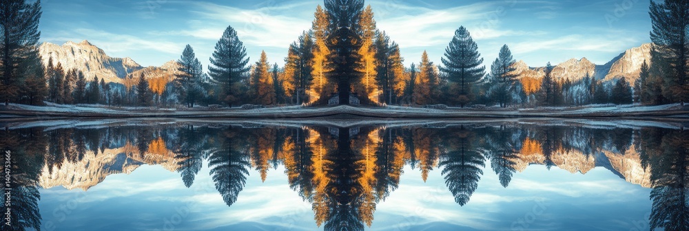 Poster captivating kaleidoscope reflection of pine trees and mountains in serene lake setting during autumn