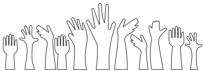 series of silhouetted hands raised high in unison icon vector illustration