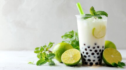 Fototapeta premium Refreshing Lime Boba Tea: A Creamy, Cool, and Vibrant Drink