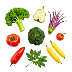 A vibrant collection of fresh vegetables and fruits arranged in a circular pattern on a transparent background.