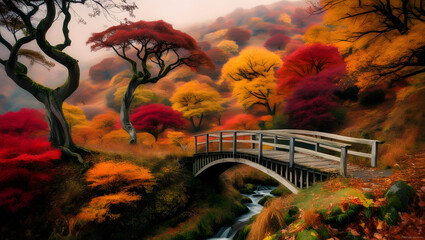 "Autumn Forest with Red and Orange Foliage"

