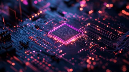 Obraz premium A vivid depiction of a cyberpunk motherboard, highlighting intricate electronic pathways glowing in blue and red neon, reflecting a futuristic digital theme