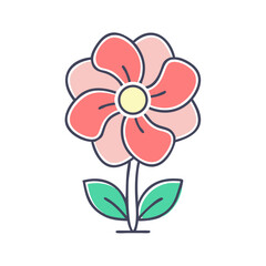 A Lovely Pink Flower with Teal Leaves Simple Line Art Illustration
