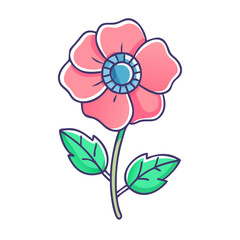 A charming illustration of a pink flower with teal center and green leaves