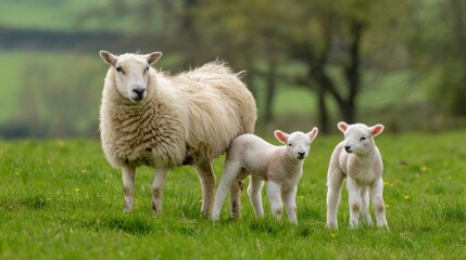 Fototapeta premium Ewe and Two Lambs: Pastoral Springtime Scene