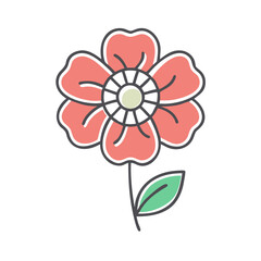 Naklejka premium A Simple Drawing of a Coral Pink Flower with a Single Green Leaf