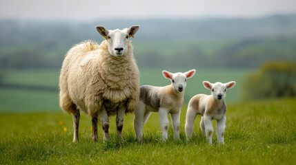 Obraz premium Mother Sheep and Lambs in Pastoral Spring Scene
