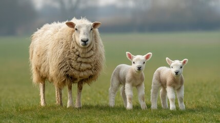 Obraz premium Mother Sheep and Lambs in a Pastoral Spring Scene