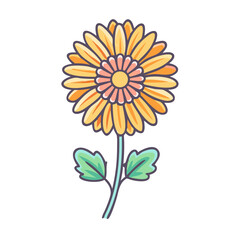 A delightful illustration of a cheerful yellow flower with a pink center and vibrant green leaves