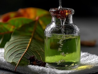 Herbal Oil with Leaves, and Bottle.
