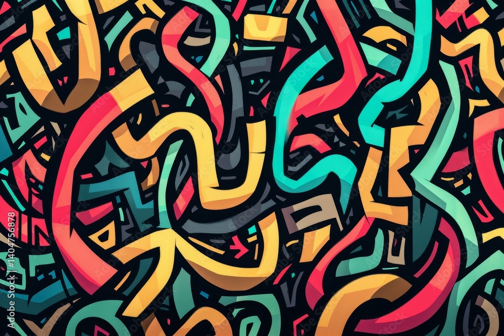 Poster a chaotic pattern of overlapping lines in red, yellow, teal, and black, create a chaotic pattern of 