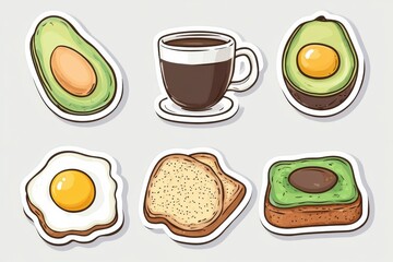 Delicious modern food-themed stickers featuring avocado, coffee, toast, and eggs in vibrant illustration style