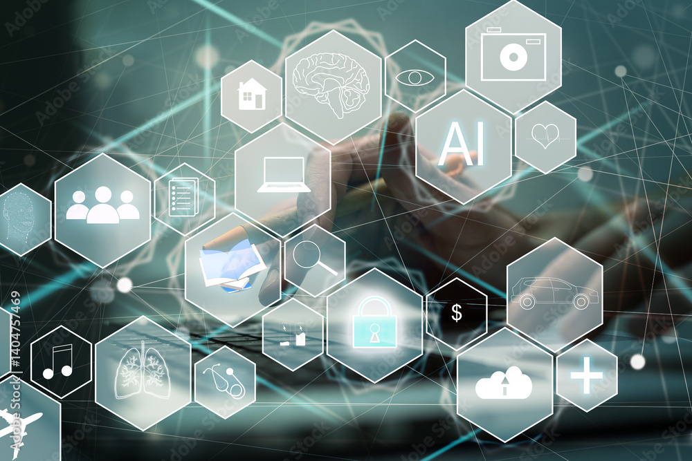 Aufkleber artificial intelligence ai, internet of things iot. business man using laptop computer on technology