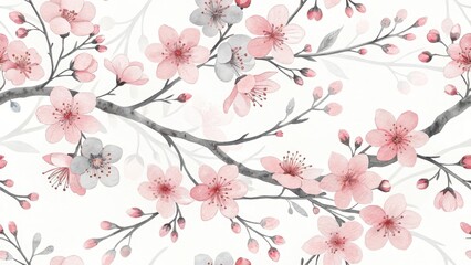 Fototapeta premium Blooming Cherry Blossom Branches: Delicate pink and white cherry blossoms unfurl on twisting branches.