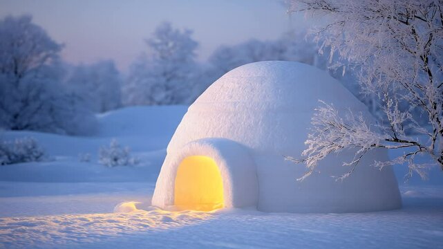 Icy haven. Igloo with golden light emits warmness amidst snow-covered landscape, winter, and frost