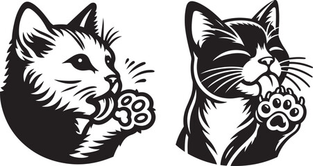 Obraz premium Cat Licking Paw Outline Set in clean silhouette vector illustration for feline grooming bundle