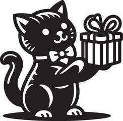 Cat Holding Gift Box in cheerful silhouette vector illustration gift themed bundle design