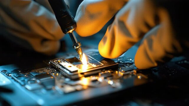 Close-up of a technician's hands using a precision screwdriver to assemble electronic components on a circuit board