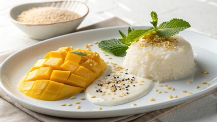 Mango Sticky Rice: A delectable Thai dessert featuring ripe mango slices served alongside sweet sticky rice and a creamy coconut milk sauce, garnished with toasted sesame seeds and fresh mint.