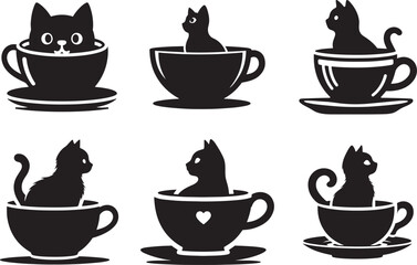 Cat Inside Teacup Illustration set in cozy silhouette vector style for cute pet themed bundle