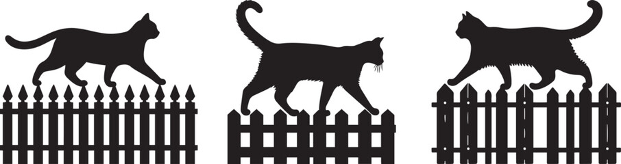 Cat Walking Across Fence Set in active silhouette vector illustration for outdoor movement bundle