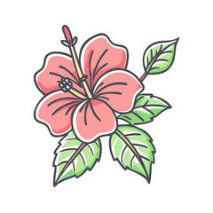 A Delicate Pink Hibiscus Flower with Lush Green Leaves Botanical Illustration