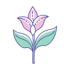 A Delicate Drawing of a Pastel Pink Flower with Two Leaves and a Single Stem