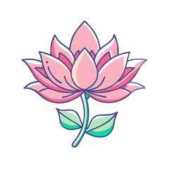Beautiful Pink Lotus Flower with Delicate Green Leaves Botanical Illustration