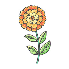 A Vibrant Illustration of a Single Marigold Flower with Lush Green Leaves