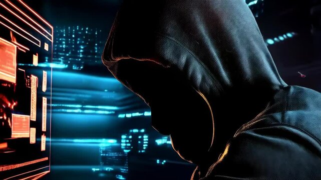 A hacker at work on a computer with a digital background of code and web elements