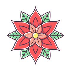 A vibrant illustration of a traditional poinsettia flower design with detailed petals and leaves