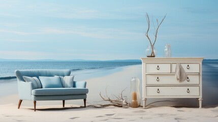 Serene Coastal Living Room Setup on Sandy Beach