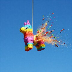 colorful pinata exploding with candy and confetti against a blue sky