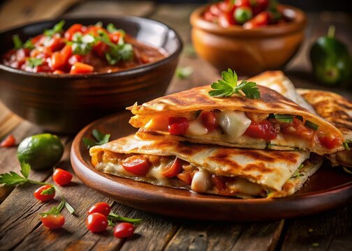 Delicious Quesadillas with Salsa: A close-up of stacked quesadillas, generously filled with melted cheese and fresh ingredients, served with a side of vibrant salsa and lime wedges.