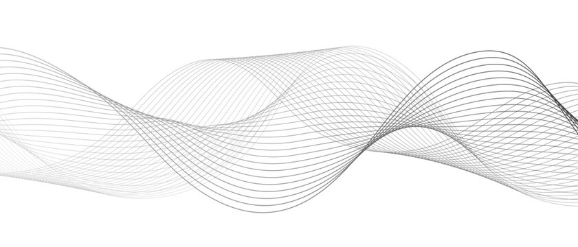 Minimalist abstract wave design consisting of smooth, flowing black and gray lines on a white background. Modern digital and geometric  technology themes & data visualizations, scientific concept