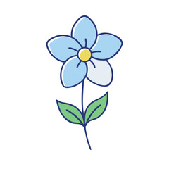 A delightful illustration of a light blue flower with five petals and two green leaves