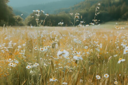 A peaceful meadow filled with white wildflowers, gently swaying in the breeze, A peaceful meadow with wildflowers swaying in the breeze - Powered by Adobe