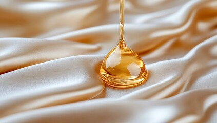 A skincare product is displayed on a matte ceramic dish, with raw honey being drizzled over it, as warm sunlight highlights the golden hues, creating an organic beauty aesthetic with minimal yet rich