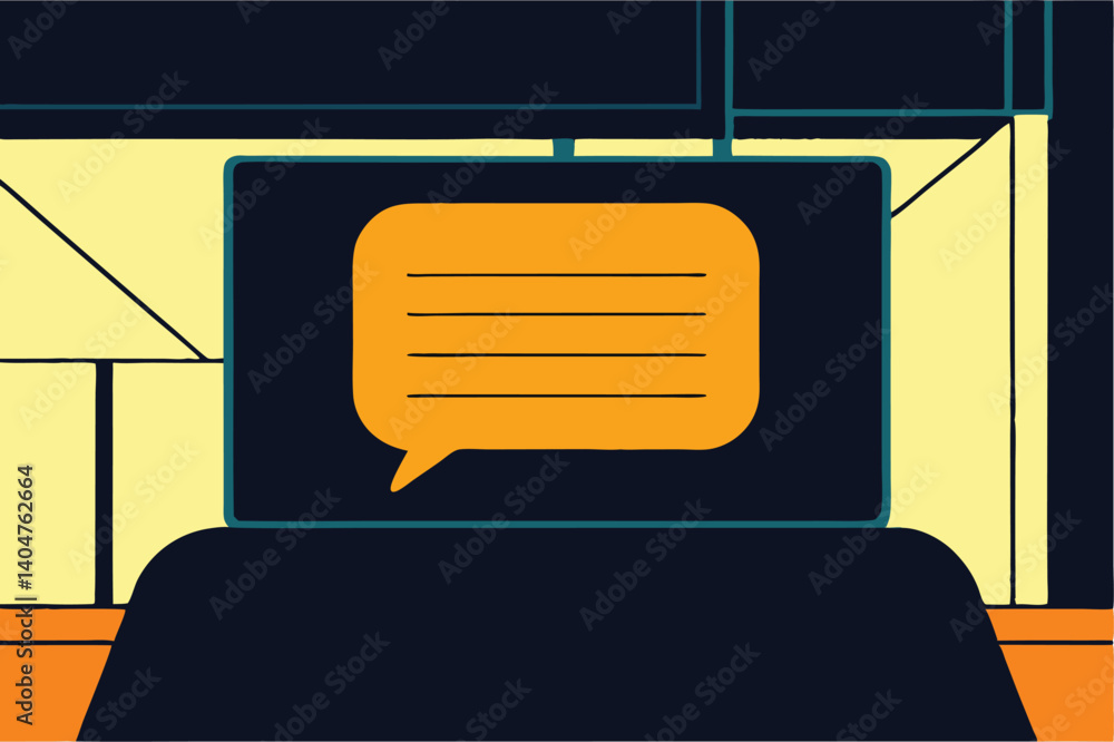 Poster computer screen displaying a speech bubble in a retro style workspace illustration