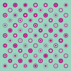 Polka dot pattern created by different size pink circles on a mint green background
