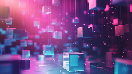 A Symphony of Geometric Forms: Floating Cubes in Soft Hues of Pink, Purple, and Blue Create a Dreamy and Abstract Three-Dimensional Composition.