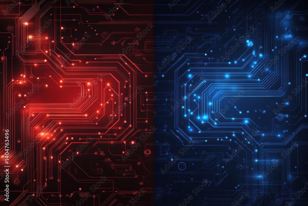 Poster red and blue circuit board with illuminated paths and connections. ideal for illustrating tech, data
