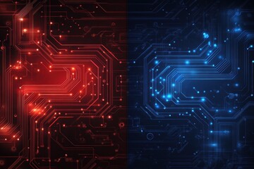 Red and blue circuit board with illuminated paths and connections. Ideal for illustrating tech, data, electronics, and complex systems.