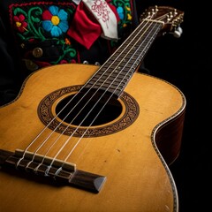 Obraz premium closeup of a classical guitar held by a man wearing a colorful mexican embroidered shirt